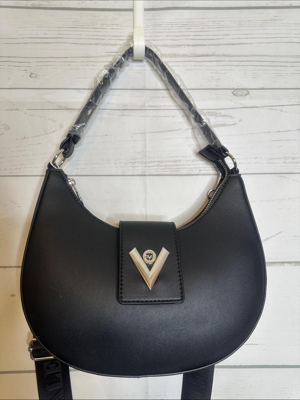 Valentino Orlandi Black Crescent Crossbody with Silver V Accent